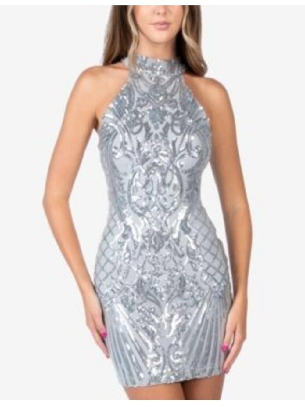 B Darlin Sequin Cut-out Back Halter Bodycon Dress - Gray/Silver - Size 0